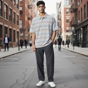 Chaps Men’s (M) Short Sleeve Light Blue Striped Everyday Casual Preppy Polo